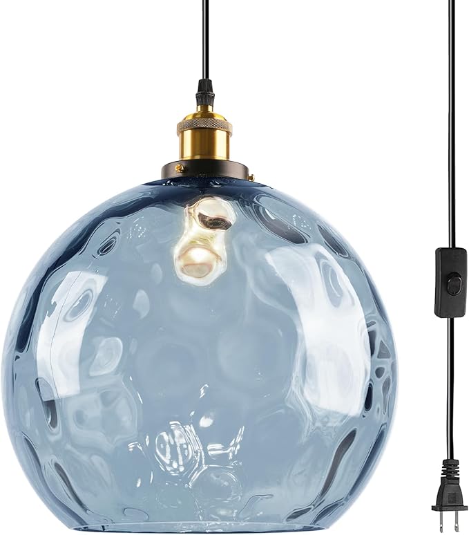 Blue Glass Hanging Light Plug in, 13.8" Large Globe Plug in Ceiling Pendant Light with Hammered Shade, Vintage Gold 1-Light Chandelier Pendant Hanging Lamps for Kitchen Dining Living Room