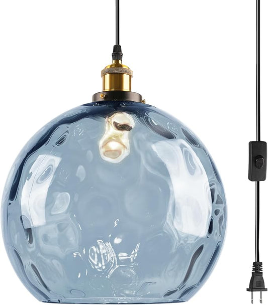 Blue Glass Hanging Light Plug in, 13.8" Large Globe Plug in Ceiling Pendant Light with Hammered Shade, Vintage Gold 1-Light Chandelier Pendant Hanging Lamps for Kitchen Dining Living Room