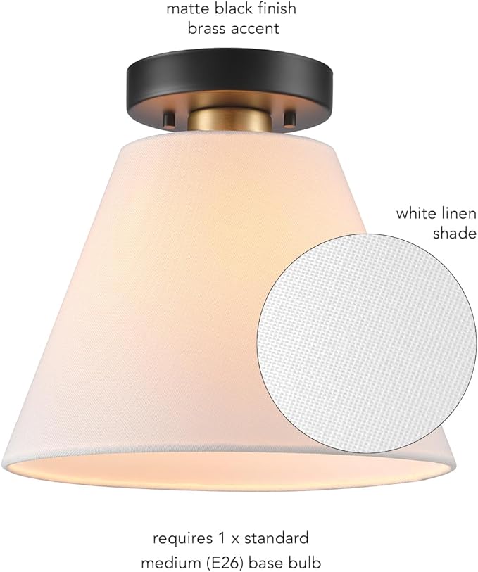 Globe Electric 1-Light Semi-Flush Mount Ceiling Light, Matte Black with Matte Brass Accent, White Linen Shade, Dimmable, E26 Base, Transitional Style, 66000137