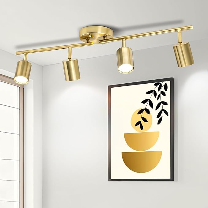 4 Ways Track Lighting, Rotatable Heads Tracks Light, Track Lightings Fixtures Ceiling with Foldable Arms, Brushed Gold Tracks Light for Kitchen, Living Room, Hallway(Bulbs Not Included)