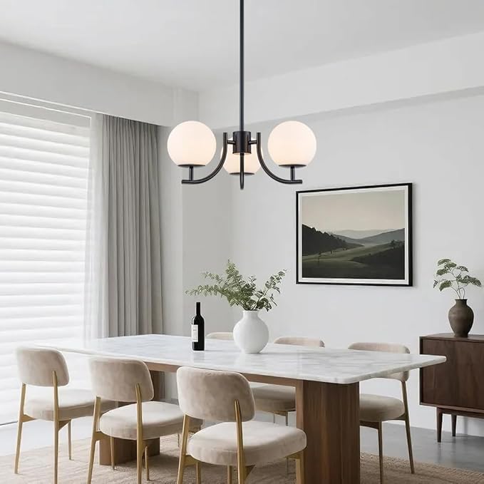 Black 3 Light Globe Chandelier Modern Sputnik Hanging Light Milk Glass Pendant Light Fixture for High Ceiling Kitchen Bedroom Dining Living Room