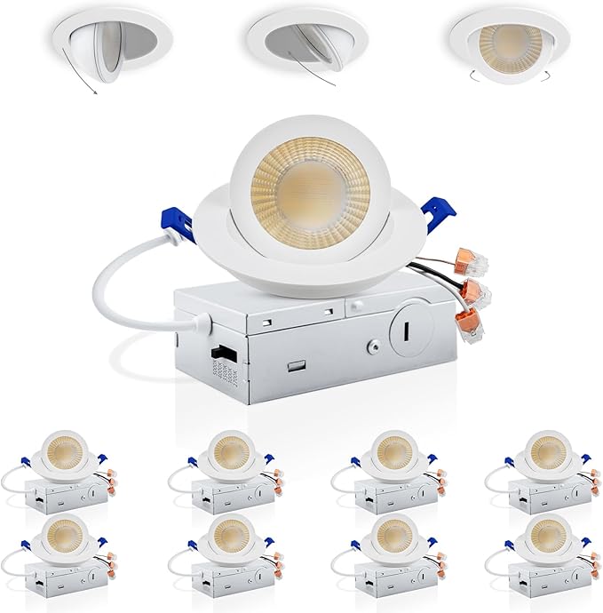 Adetu 3 Inch Gimbal Led Recessed Lighting, 360°+90° Adjustable Directional Recessed Lights, 2700K/3000K/3500K/4000K/5000K Dimmable Eyeball Canless Downlight with Jbox, ETL (White, 8 Pack)