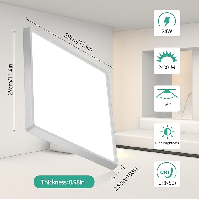 LED Flush Mount Ceiling Light Fixture 12 inch, 2400LM 3000K/4500K/6500K Hardwire Light Fixture, 24W Square LED Ceiling Light for Bedroom, Closet, Laundry, 250W Equiv. Non-Dimmable