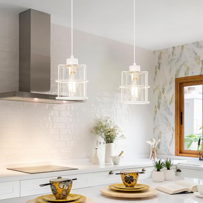 Modern White Industrial Pendant Light Fixtures Set of 2, Clear Glass Cage Pendant Light Kitchen Island, Adjustable Cord Hanging Light for Kitchen Island Decor, Over Sink Lighting Fixtures for Bathroom