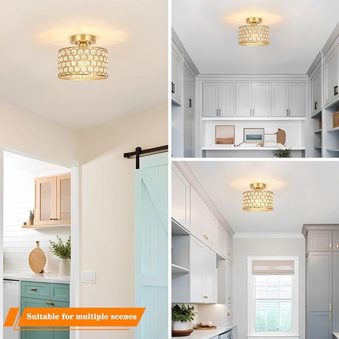 Gold Crystal Ceiling Light Fixture - Modern Semi Flush Mount Ceiling Chandelier Lighting for Hallway, Kitchen & Foyer | Dazzling Prism Chandelier with Easy Installation,1 Light, 8.8 in