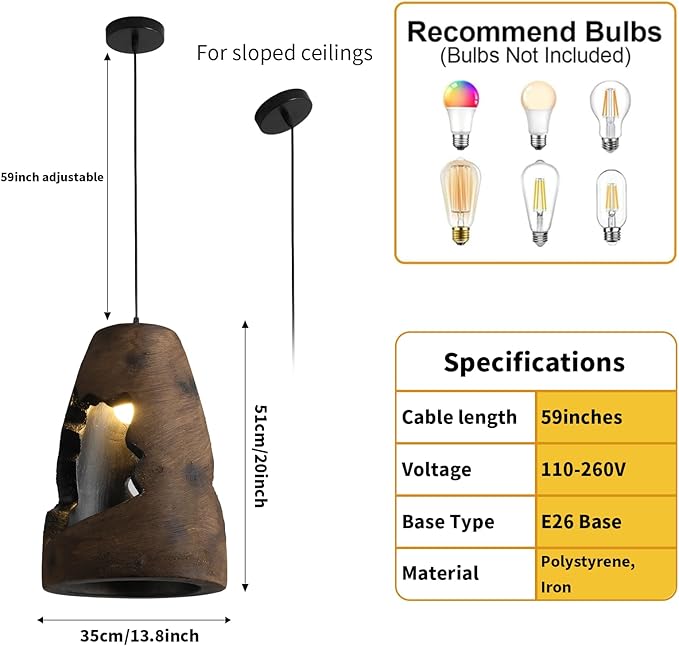 JAYMP Wabi Sabi Pendant Light for Dining Room Kitchen Island Hallway Farmhouse Hanging Lamp E26 Base Retroism Style Wine Bottle Shape Lighting Fixture, 1 Pack (Antique Brown,A Shape, D35×H51cm)