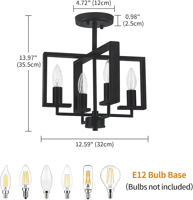 TOULMJ Black Semi Flush Mount Ceiling Light Fixture, 4-Light Farmhouse Hallway Light Fixtures Modern Light Fixture Metal Geometric for Kichen Island Entryway Dining Laundry Room, 12.6 in