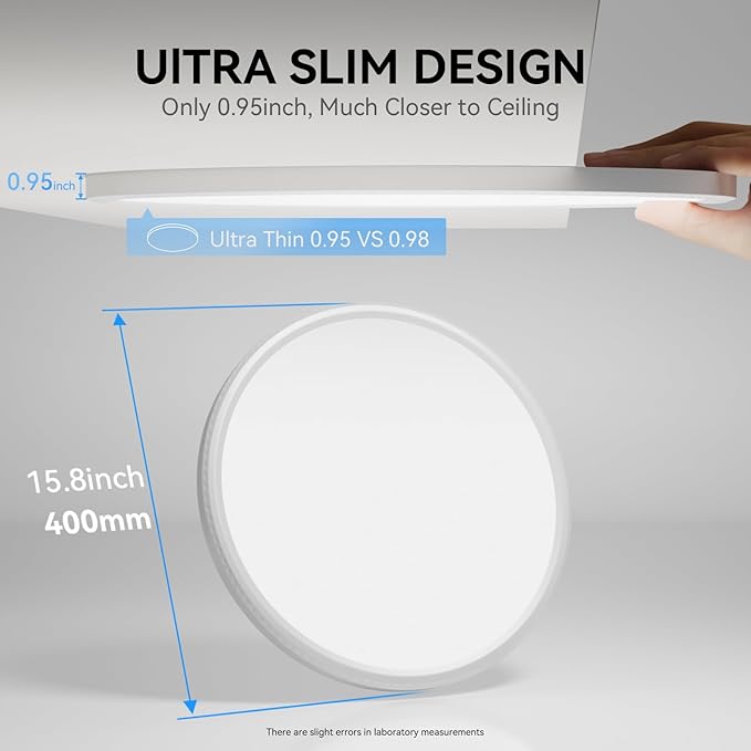 Super Slim 16" LED Flush Mount Ceiling Light, 5000K for Bedroom, Living Room, Dining Room (White, One Pack)