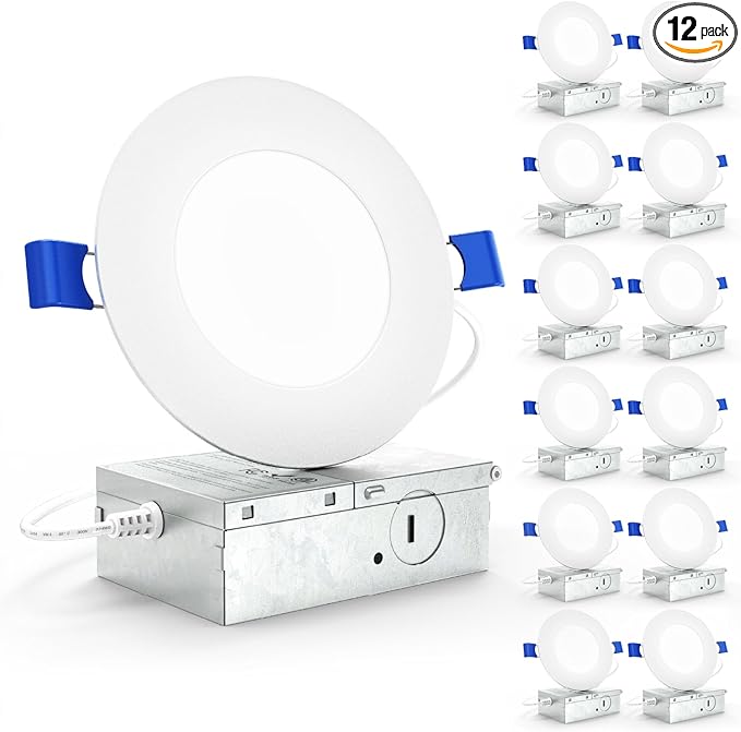 Sunco 12 Pack 4 Inch LED Recessed Lights, Slim Canless Ceiling Lighting, 650 LM, 10W (60W Equivalent), 3000K Warm White, Dimmable, Wafer Thin, Ultra Thin with Junction Box ETL.