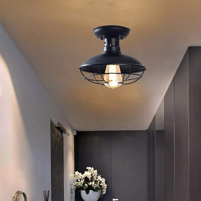 Farmhouse Flush Mount Ceiling Light - Easric Industrial Ceiling Light Fixture Rustic Black Metal Cage Close to Ceiling Lamp E26 Base for Hallway Foyer Kitchen Porch
