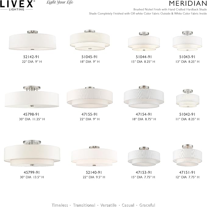 Livex Lighting 51044-91 Brushed Nickel Flush Mount with Off-White Fabric Hardback Shade