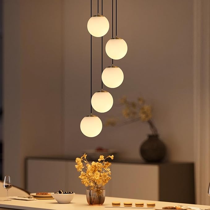 Modern Globe Cluster Chandeliers, 5-Light White Glass Pendant Light Multi Cluster Pendant Lighting Mid Century Chandelier for Living Room Staircase Foyer Entryway, Brass