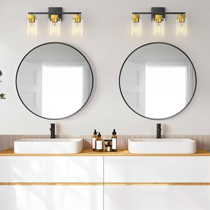 Black and Brushed Gold Bathroom Vanity Light, 3-Light Vanity Lighting fixtures Over Mirror, Square Design & UL Certification, Wall Sconces with Clear Glass Shades, E26 Socket (Bulbs Not Included)
