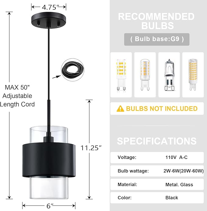 3 Pack 1 Light Hanging Indoor Kitchen Island 6" Drum Clear Glass Shade Pendant Ceiling Light Fixtures,Black Finish Modern Farmhouse Dinning Over Sink