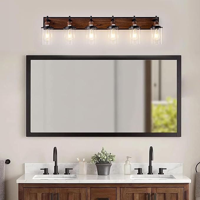 Lanhall 6-Light Farmhouse Bathroom Light Fixtures Vintage Bathroom Vanity Lights Over Mirror Black and Wood Painted Metal Vanity Light for Bathroom with Glass Shades E26 Socket
