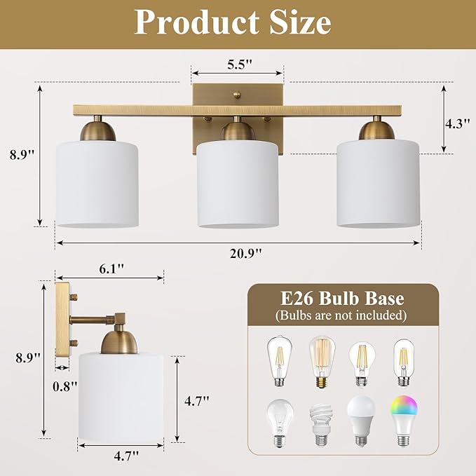 Mecgirn Milk Glass Vanity Lights for Bathroom, 3 Light Brass Bathroom Light Fixtures Over Mirror, Ceramic E26 Sockets Wall Mounted