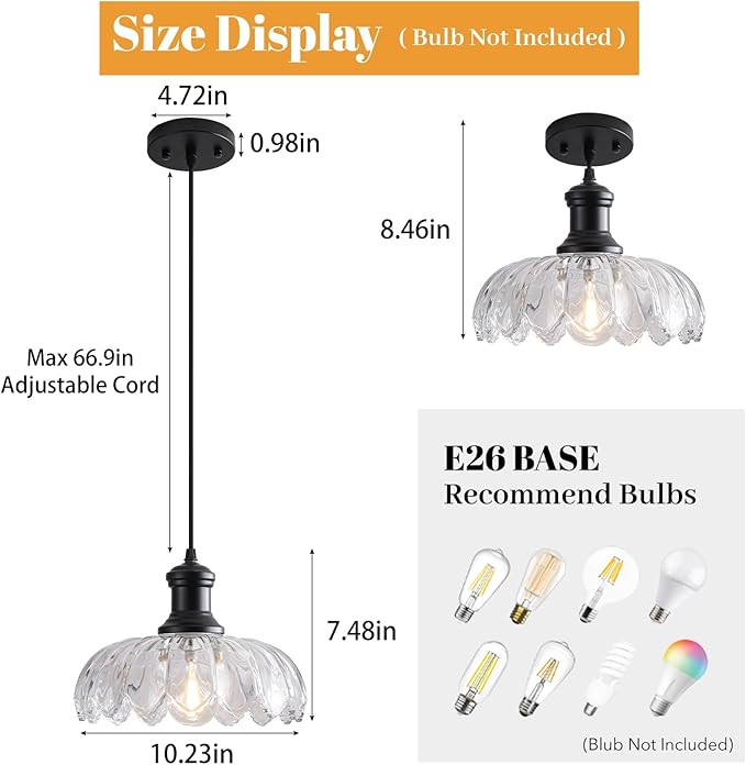 Farmhouse Pendant Light Fixture, Vintage Glass Pendant Light Kitchen Island Over Sink Table, Adjustable Hanging Pendant Lamp for Bedroom, Dining Room, Living Room, Bathroom