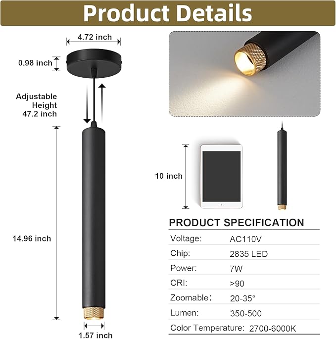 OKELI Modern Black LED Pendant Light for Kitchen Island, 1 Pack – Dimmable Zoomable Pendant, Adjustable Beam Angle, 3 Color Temps 2700K/4000K/6000K, Mini Hanging Light for Bar or Bedroom, 7W 15"
