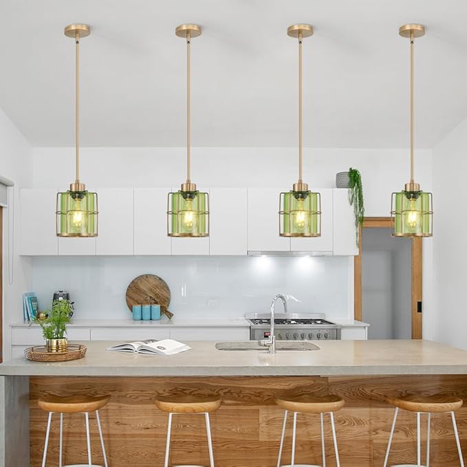 Farmhouse Pendant Lights Kitchen Island Set Of 2, Black Kitchen Pendant Lighting Over Sink, Adjustable Bathroom Pendant Lights, Ceiling Hanging Fixture With Green Glass For Dining Room Hallway