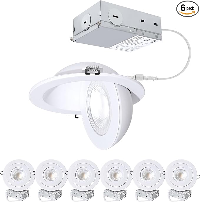 POPANU 6-Inch Gimbal Recessed Light - 12W 90° Tilt & 360° Rotation, 5CCT (2700K-5000K), IC Rated LED Eyeball Recessed Lighting, for Sloped Ceilings, Soffit Light, Hallyway，Kitchens, White 6 Pack