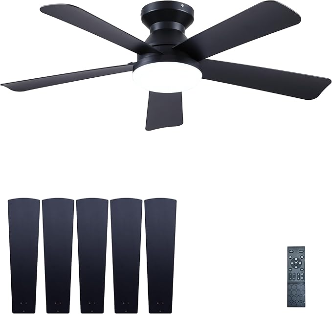 42 Inch Ceiling Fans with Lights and Remote Control, Indoor/Outdoor Flush Mount Low Profile Commercial Reversible Dimmable Ceiling Fans for Living Room Patio Industrial Shop, Black