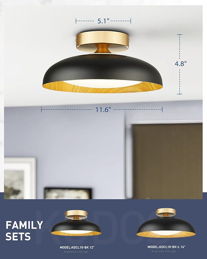 kudos Flush Mount Ceiling Light,12-inch LED Ceiling Light Fixture,Painted Wood-Grain Finish,12W/700lm Hanging Light Fixture for Bedroom,Hallway,3000K/4000K/6000K Adjustable, KDCL10-BK