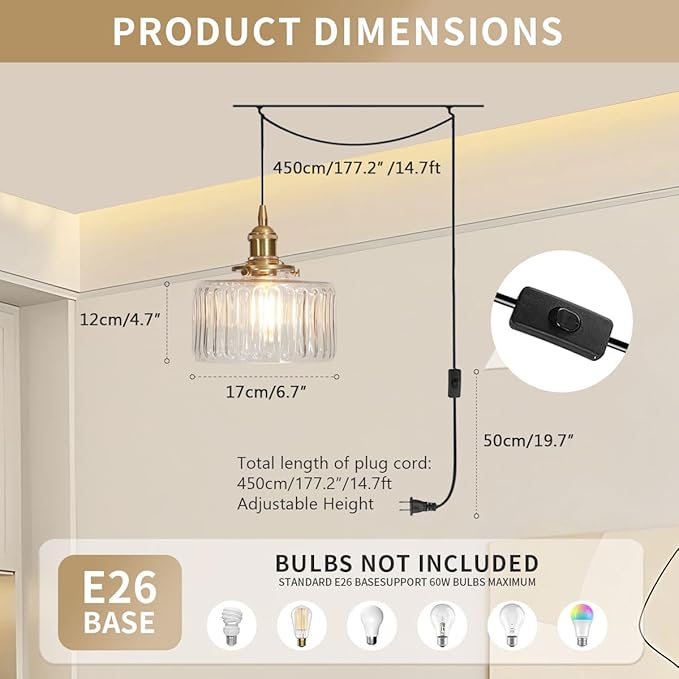 Plug in Pendant Light Clear Glass Striped Pendant Light Fixtures Vintage Glass Hanging Lighting 1-Light with Plug in Cord Mid Century Modern Hanging Lights for Kitchen Island Living Room