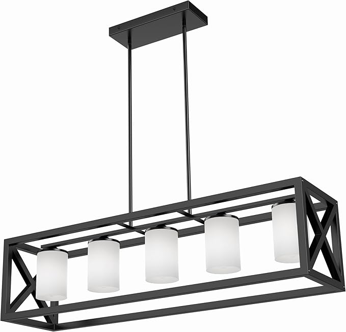 Espird Black White Dining Room Light Fixture - 5 Light Rectangle Light Fixtures with Milk White Glass Shade & Adjustable Height & Thickened Metal Dining Table Lights Fixture Chandeliers for DiningRoom