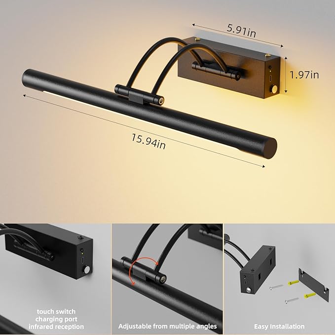 Picture Light,Wireless Rechargeable Gallery Light with Remote,5000mAh Dimmable Painting Art Lighting Battery Operated,16 inch Metal Picture Lights for Art,Paintings,Mirror,Black