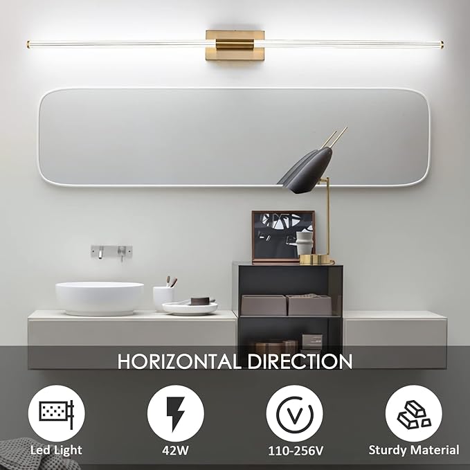 Modern LED Vanity Light, 360° Full Lighting Bathroom Light Fixture Over Mirror, 42W 5500K Cool White, Hardwired Wall Sconce, 59 Inch, Brass