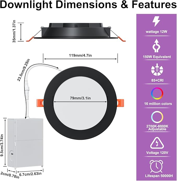 SikSog Black Smart Recessed Lighting 4 Inch RGBCW Color Changing 12W LED Downlight with Junction Box,1080 Lumen Recessed Ceiling Light Compatible with Alexa,Dimmable by Bluetooth Control -1Pack