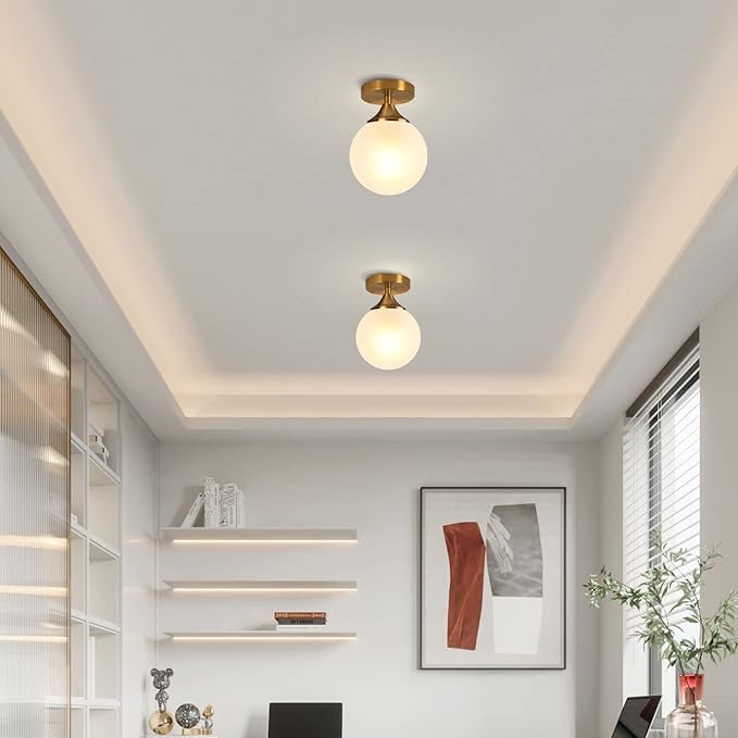 KCO Lighting Small Milk Glass Globe Semi Flush Mount Ceiling Light Mid Century Modern Gold Ceiling Light Fixtures Brass Hallway Light for Hallway Entryway Bedroom