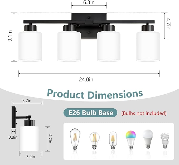 Black Bathroom Light Fixtures, 4-Light Modern Vanity Lights with Milky White Frosted Glass Shades, Wall Sconces for Mirror, Bathroom, Restroom (E26 Socket)