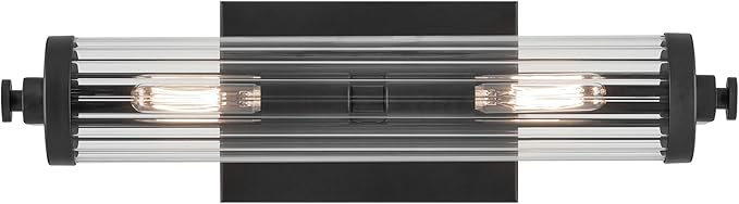 KICHLER Azores 16" 2-Light Wall Sconce, Vintage Industrial Light with Clear Fluted Glass in Black, for Hallways, Bathroom, Laundry Room, or Kitchen (16" x 4.5"), 45648BK