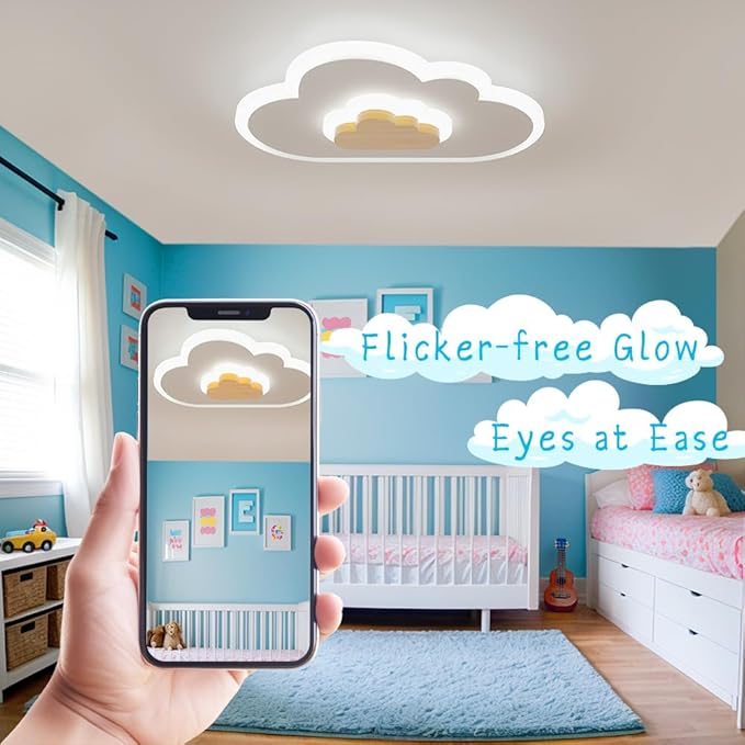 LED Ceiling Light 26W Wood Cloud Cartoon Kids Ceiling Light 19.68in Kids Room Light fixtures Ceiling Mount 3000-6500K with nightlight Ceiling Lamps for bedrooms Girl Boy Nursery Toys Room