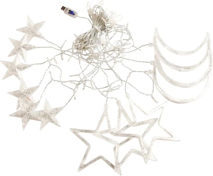 138 Led Curtain String Light Star Moon Icicle Light with 8 Lighting Modes with Timer Remote USB Operated Dimmable Fairy String for Window Wall Home Decoration