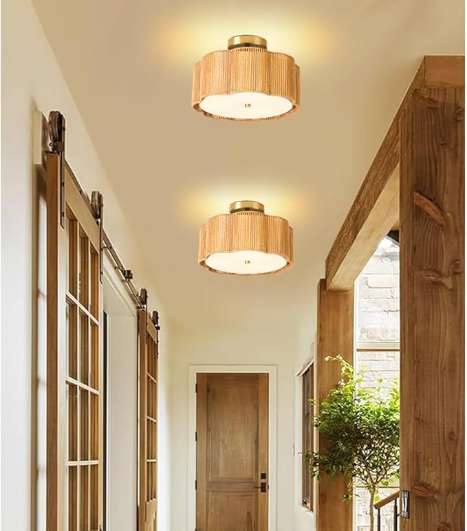 13.4" Rattan Flush Mount Ceiling Light Fixtures,3-Light Boho Light Fixtures Ceiling Mount for Bedroom,Small Rattan Chandelier,Gold Mini Chandelier Lighting for Dining Room Hallway Kitchen