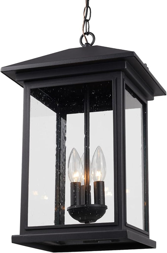 Treekee Large Outdoor Pendant Light, Modern Adjustable Hanging Lantern, Black Outside Porch Chandelier Light with Seeded Glass, Exterior Pendant Lighting for Patio, Porch, Yard, Gazebo
