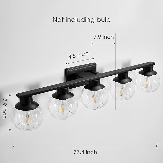 5-Lights Black Bathroom Vanity Lights, Modern Bathroom Lighting Fixtures with Globe Glass Shade, 37in Matte Black Wall lamp for Bath Over Mirror Kitchen Cabinet Bedroom Hallway Living Room Farmhouse