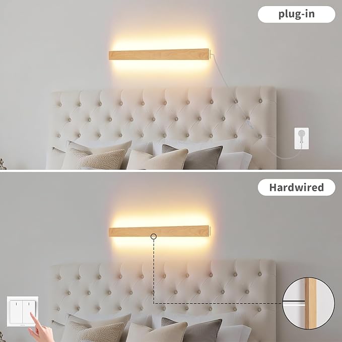 Modern Plug in Wall Sconces, 23.6 inch Faux Wood Texture Finish LED Long Wall Lights, 12W Warm White 3000K Acrylic Indoor Wall lamp,with 59" Plug Cable for Bedroom, Living Room, Bathroom, Hallway