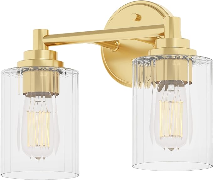 GETINLIGHT 12" Wide 2-Light Gold Bathroom Vanity Light, Clear Ribbed Glass Shade Wall Sconce, Bulb Not Included, IN-0444-2-GD
