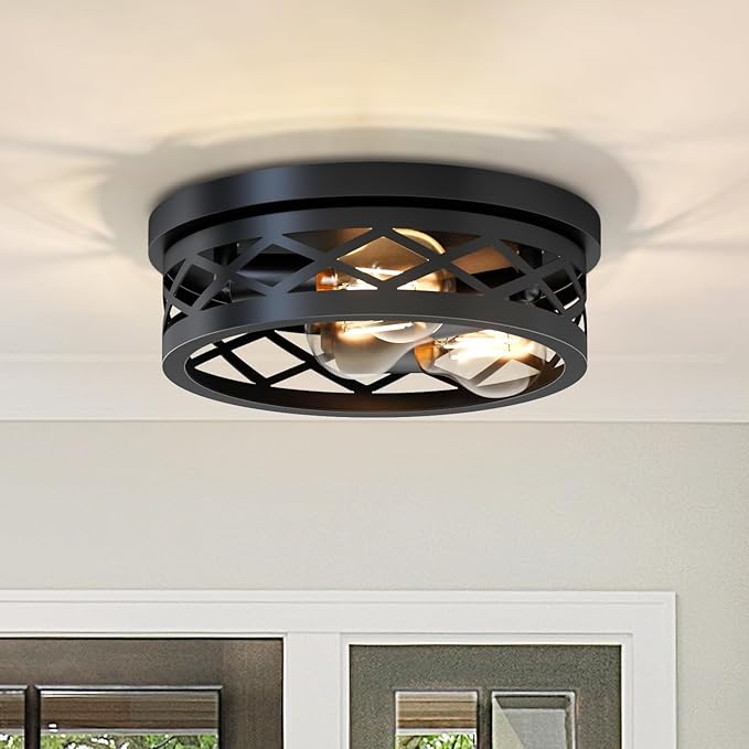 LVWIT 11.8 Inch Flush Mount Ceiling Light Fixtures, 3-Light Black Hallway Light, Round Light Fixtures Ceiling Mount for Kitchen Entryway Hall (E26 Base, Bulbs Not Included)
