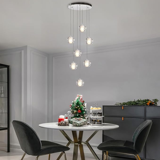 Cluster Pendant Light, Modern 7 Lights Chrome Crystal Chandelier, Bubble Raindrop Pendant Lighting 59" Long Light Fixture for Foyer Entryway Staircase