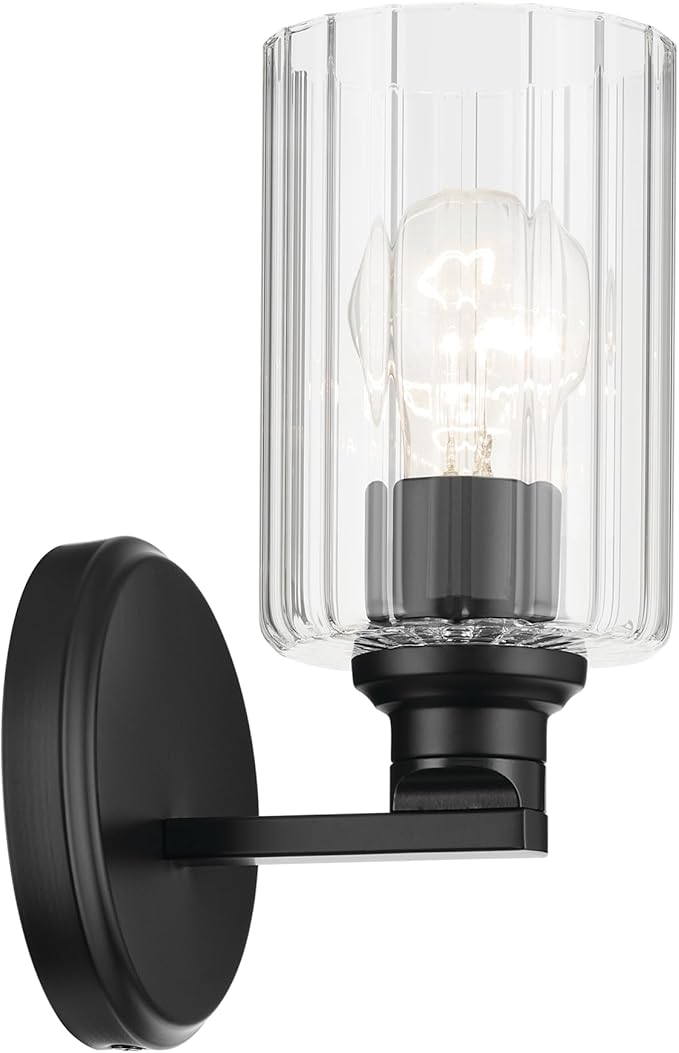 Kichler Gioe 5" 1-Light Wall Sconce Bathroom Light Fixture with Clear Fluted Glass in Black, Damp Rated for Powder Room, Kitchen, Hallway, Bedroom (5" W x 9.5" H), 55224BKFLU