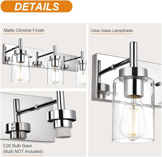 VINLUZ Modern Bathroom Lighting with Clear Glass Shade 4-Light Vanity Light Fixtures Chrome Finished Industrial Wall Light Sconces for Bedroom Hallway (Patent No.: US D958,438 S)