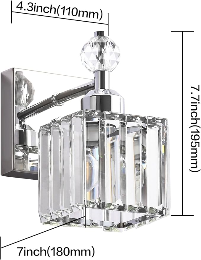 PRESDE 1-Light Bathroom Vanity Light, Modern Chrome Wall Sconce with Crystal Shade, Single Wall Lamp for Over Mirror Bedroom Hallway