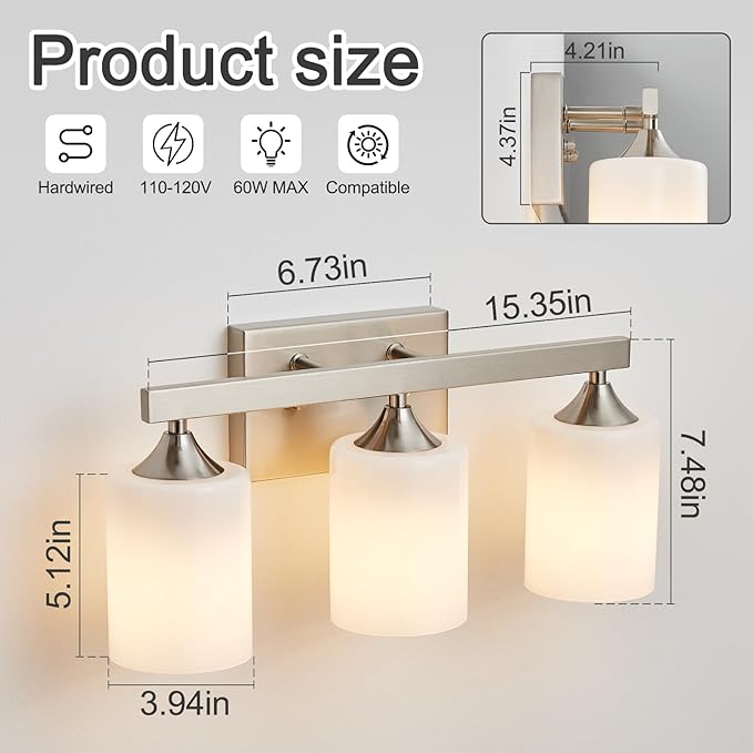 ZHU YAN Brushed Nickel Vanity Light,3 Light Bathroom Lighting Fixtures Over Mirror,Milky White Glass Shades Wall Sconces,Vanity Lights Fixtures for Mirror Bedroom Hallway E26 Socket