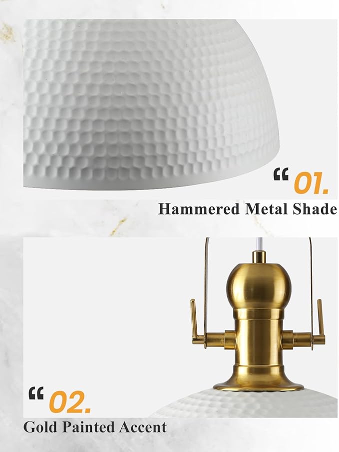 15.7 Inch White Pendant Light 2 Pack, Hammered Industrial Pendant Lights Adjustable Height, Farmhouse Dome Hanging Light for Dining Room Bedroom Foyer Barn