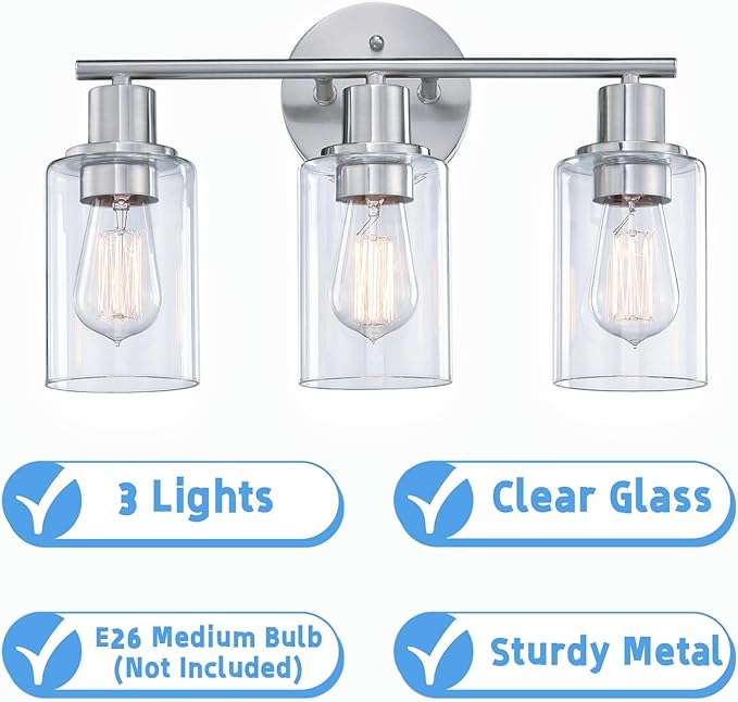 WISBEAM Brushed Nickel Bathroom Vanity Light, 3 Light Bathroom Light Fixtures Over Mirro with Clear Glass Shade Including E26 Medium Base, Bulb NOT Included