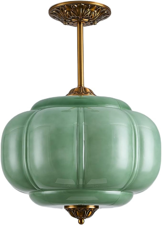 15-Inch Vintage Semi Flush Mount Ceiling Light, Green Glass Chandelier with Antique Brass Finish, Mid Century Modern Schoolhouse Pendant Light Fixtures for Kitchen, Hallway, Dining Room